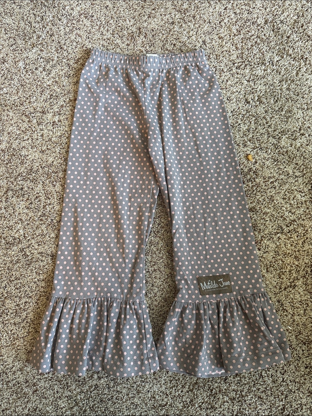 Matilda Jane Gray Ruffle Pants with Pink Polka Dots Sz 6